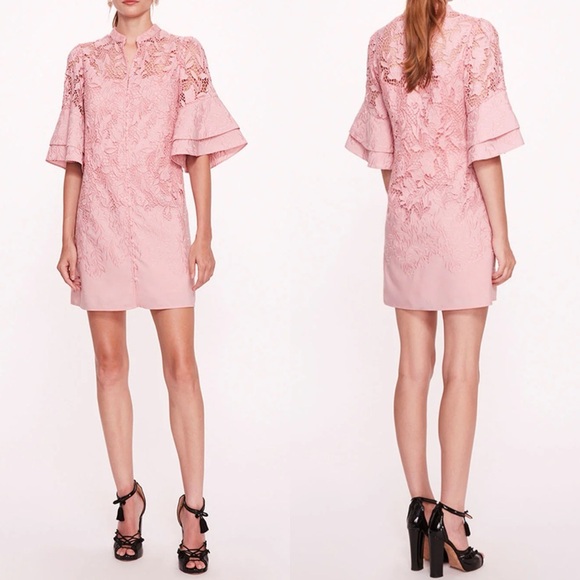 MARCHESA ROSA TIARELLA GUIPURE LACE PINK HALF SLEEVE KNEE LENGTH SHEATH DRESS - Picture 1 of 16